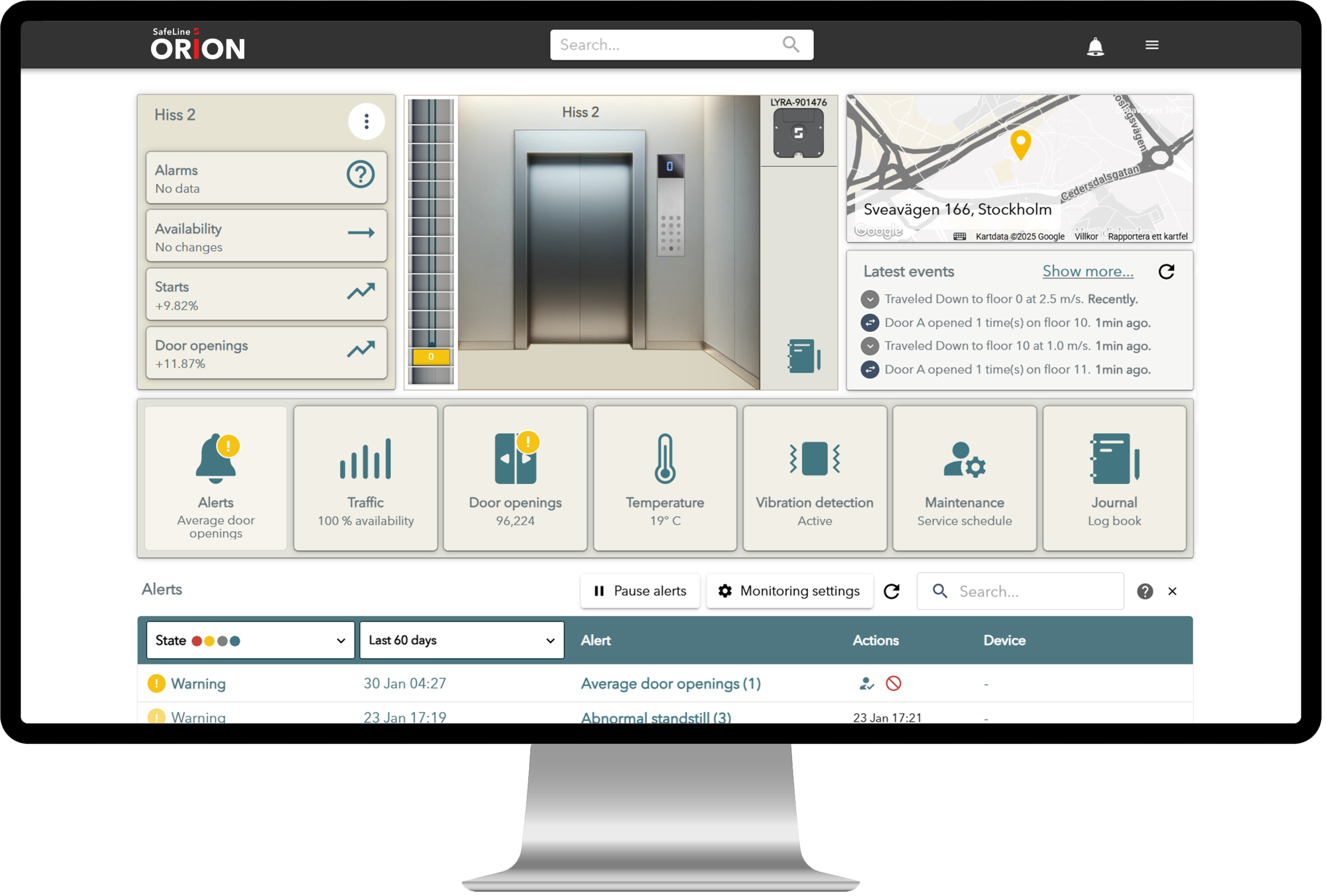 SafeLine Orion dashboard — real-time lift monitoring