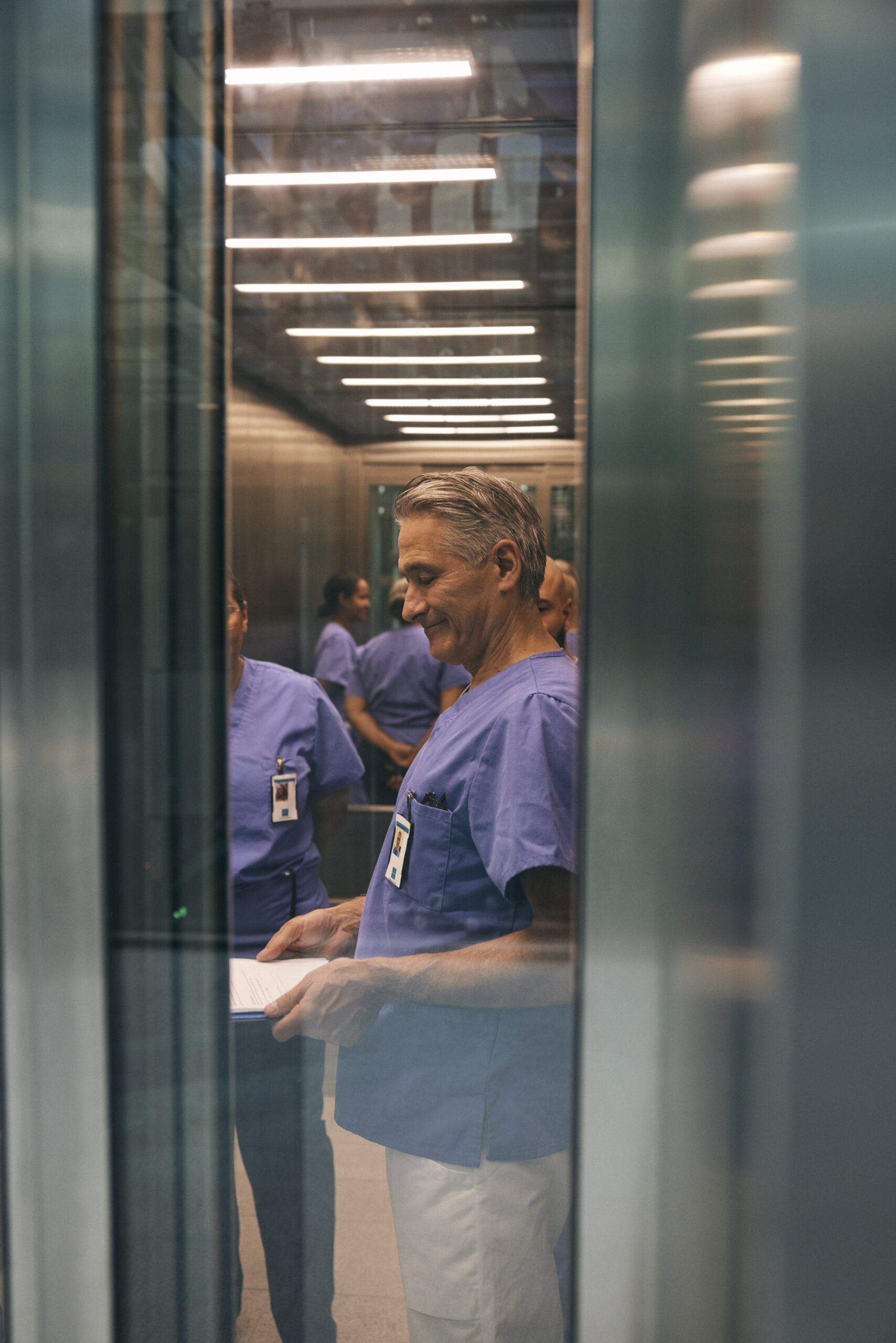 hospital staff in elevator