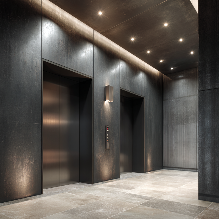 Multi-brand lift monitoring — modern commercial building lobby with lifts from multiple manufacturers